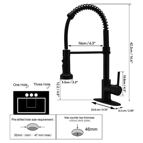 Dimensions of Matte Black Kitchen Faucet With Three Function Sprayer Head, High Arc Spout, 360 Degree Swivel, Single Handle, Brass Construction