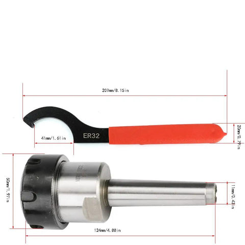 MT2 ER32 Morse Taper Collet Chuck Set for CNC Milling Lathe Tool Holder with red wrench, showing dimensions