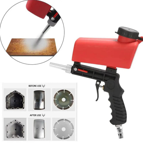 Get The Job Done With This Slick 90 Psi Gravity Feed Sandblaster Gun Kit featuring dual nozzle tips and air regulator.