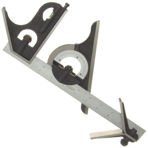 Premium Twelve Inch Four R Combination Square Set With Hardened Blade Satin Chrome Finish Etched Graduation In Eighths Sixteenths Thirty Seconds Sixty Fourths Center Finding Head Protractor Head And Square Miter Head Cast Iron Construction