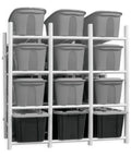 Heavy Duty Wall Mount Steel Shelving Rack With 12 Tote Bin Slots For Garage Storage featuring gray and black bins on a white frame.
