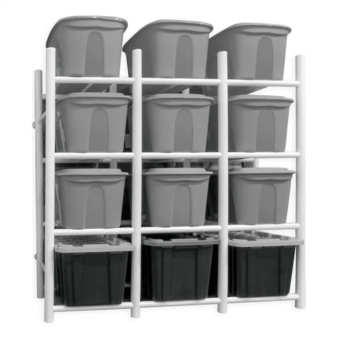 Heavy Duty Wall Mount Steel Shelving Rack With 12 Tote Bin Slots For Garage Storage featuring gray and black bins on a white frame.