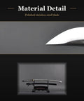 Unsharpened Stainless Steel Katana Iaito For Iaido Practice, showing polished blade and full length on a stand