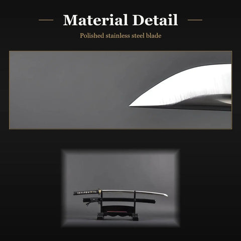 Unsharpened Stainless Steel Katana Iaito For Iaido Practice, showing polished blade and full length on a stand