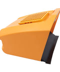 Big 41 Inch Walk Behind Floor Sweeper Machine For Garage Warehouse And Driveway Crush Junk Fast With Zero Sweat side view of orange sweeper.