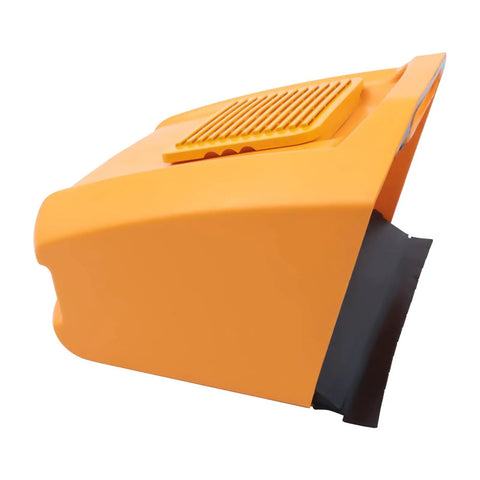 Big 41 Inch Walk Behind Floor Sweeper Machine For Garage Warehouse And Driveway Crush Junk Fast With Zero Sweat side view of orange sweeper.