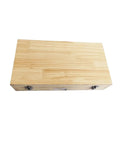 Wooden storage box for 18 Piece HSS Metric Keyway Broach Set For 12 Through 28 Cutting Broaching Bushings, top view