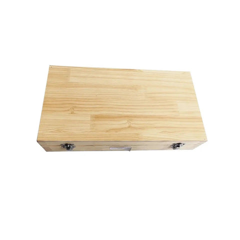 Wooden storage box for 18 Piece HSS Metric Keyway Broach Set For 12 Through 28 Cutting Broaching Bushings, top view