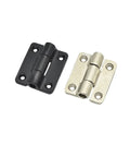 Front view of a pair of zinc alloy torque hinges in black and nickel finishes, 28.6x36mm.