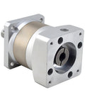 Front view of aluminum planetary gearbox with square flange, four mounting holes, and central shaft bore.