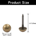 Premium Antiqued Brass Upholstery Tacks 24 Piece Set Heavy Duty Furniture Nail Heads showing 0.47 inch round and 1.1 inch long nail.