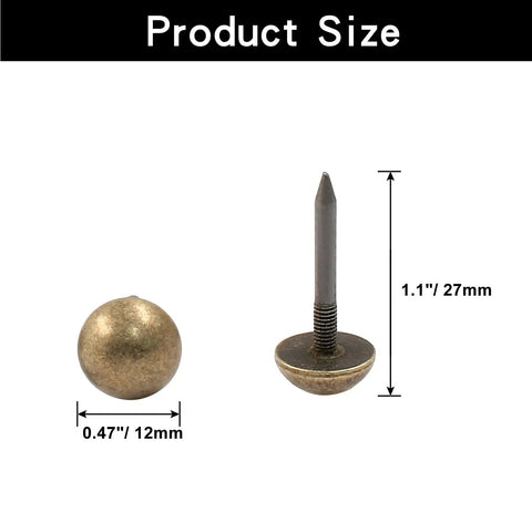 Premium Antiqued Brass Upholstery Tacks 24 Piece Set Heavy Duty Furniture Nail Heads showing 0.47 inch round and 1.1 inch long nail.