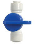 1/4 Inch Quick Connect Shut Off Valve Push To Connect Plumbing Fitting With Secure Locking Clips, blue knob, white polymer.