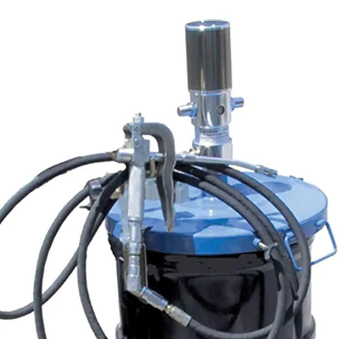 Heavy Hitter Air Operated Portable Grease Unit For 16 Gallon Containers With hoses and pump for pneumatic grease dispensing.