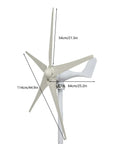 Side view of 1200W Wind Turbine Generator Kit for Off-Grid Power, 12V System with 5-blade durable turbine and dimensions shown.