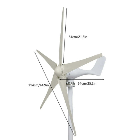 Side view of 1200W Wind Turbine Generator Kit for Off-Grid Power, 12V System with 5-blade durable turbine and dimensions shown.