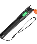 Black pen-style visual fault locator for fiber optics with green switch and orange end cap, includes lanyard