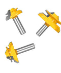 Killer 45 Degree Lock Miter Router Bit Set With Half Inch Shank And Hardcore Carbide Blades For Woodworking Joints and No Fuss Smooth Cuts In ThirtyOne SixtyFourth ThreeQuarter And One Inch Lumber Shop Ready - 3 pieces with carbide tips.