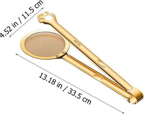 Front view of Amazon gold-tone stainless steel oil strainer spoon and frying oil filter clamp, 33.5 cm long.