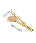 Gold-tone stainless steel oil strainer with claw clamp, 33.5 cm long, side view