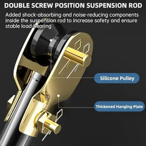 Close-up of Double Screw Position Suspension Rod showing silicone pulley and thickened hanging plate for stable support.