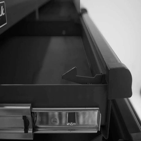 Close-up of Pro II Series 41 Inch 6 Drawer Top Chest In Black showing drawer strength and lift latch pull mechanism.