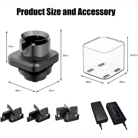 Electric Coffee Portafilter Cleaner With Auto Knock Box And Three Interchangeable Brushes To Fast Toss Spent Espresso Grounds In Five Seconds For No Sweat Home Barista Workflow components including size and accessories.