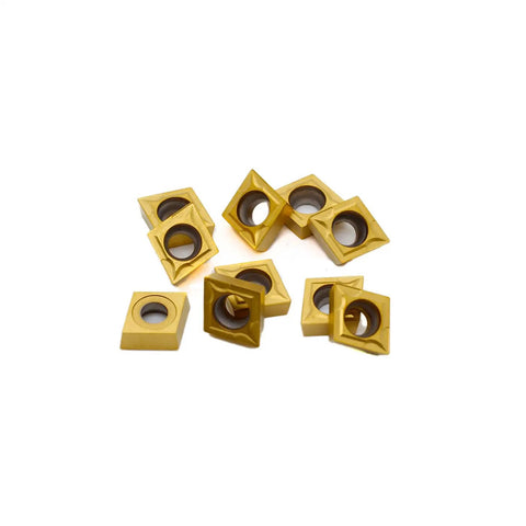 CCMT09T304 carbide turning inserts multilayer coated, 10 pieces, visible side view, for CNC lathe replacement cutters, fast cutting, long life.