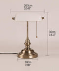White Matte Glass Banker Desk Lamp In Retro Bronze Finish With Rotatable Lampshade, Pull Switch, Plug In Fixture Dimensions