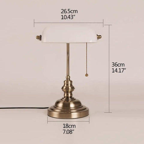 White Matte Glass Banker Desk Lamp In Retro Bronze Finish With Rotatable Lampshade, Pull Switch, Plug In Fixture Dimensions