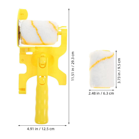 No Fuss Paint Edger Roller Brush Set With Replacement Pad And Quick Rinse Bristles For Walls Cut In Like A Boss, showing yellow brush and roller.
