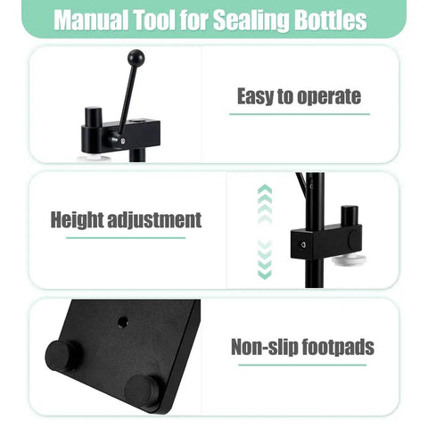 Manual can sealer machine parts including lever, height adjustment, and non-slip footpads for aluminum and plastic cans.