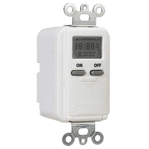 EI500WC 7 Day Single Pole Digital Time Switch for lights, fans, pumps visible, white finish, with display and buttons