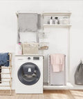 Badass Professional Grade Solid Maple Clothes Drying Rack Heavy Duty Collapsible Air Dryer No Hassle Wooden Rack in laundry room.