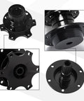 Universal Steering Wheel Quick Release Snap Off Hub Adapter Six Hole Boss Kit showcasing black anodized aluminum with six mounting holes.