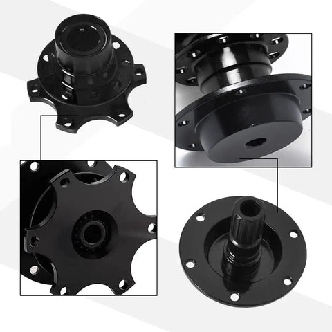 Universal Steering Wheel Quick Release Snap Off Hub Adapter Six Hole Boss Kit showcasing black anodized aluminum with six mounting holes.