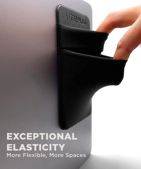 Two Pocket Adhesive Hard Drive Holder For Laptop And Travel Gear Stick On Pocket Pouch with a hand demonstrating elasticity.