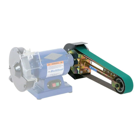 Hella Compatible 2X48 Belt Grinder Attachment Converts Standard Bench Grinder Into Rock Solid Vertical Or Horizontal Grinding Rig Featuring No Sweat Quick Change Tension System mounted on a blue grinder with green belt.