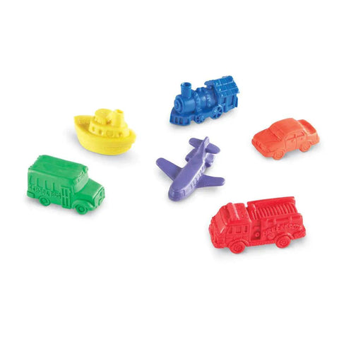 Colorful 72 Piece Mini Motor Car Counters And Sorting Set For Kids Ages 3 Plus includes trucks, boats, and planes.