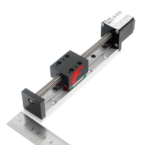 Compact Mini Linear Rail Kit With CNC Screw Drive And Nema 14 Stepper Motor 250mm Stroke, Ultra Precise 0.02mm Repeat shown with ruler