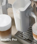 Super Automatic Espresso Maker With Smooth LatteGo Pro Milk Frother Brewextract Grind Boost For Heavy Bean Kick pouring milk into glass.