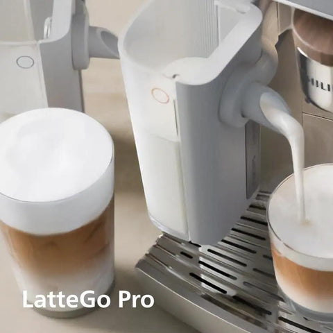 Super Automatic Espresso Maker With Smooth LatteGo Pro Milk Frother Brewextract Grind Boost For Heavy Bean Kick pouring milk into glass.
