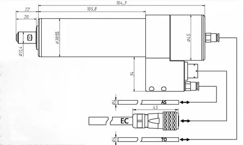 Technical drawing of Auto Tool Change CNC Milling Attachment 36V 250W Motor, 38mm Grinding Diameter, 40K RPM High Speed Toolchanger