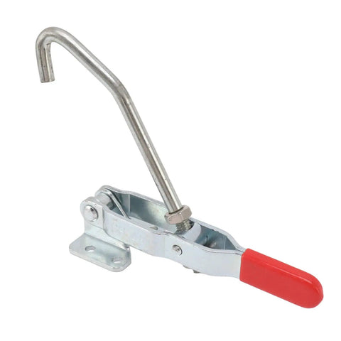 J Hook Type Toggle Clamp With 170 Kg Holding Capacity And Quick Draw Latch Action, galvanized iron, non-slip grip visible.