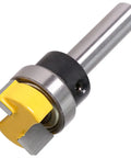 No Fuss 8MM Shank Router Bit For Template Trimming And Hinge Mortising, featuring hardened steel and yellow cutting edge.