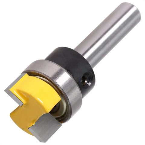 No Fuss 8MM Shank Router Bit For Template Trimming And Hinge Mortising, featuring hardened steel and yellow cutting edge.