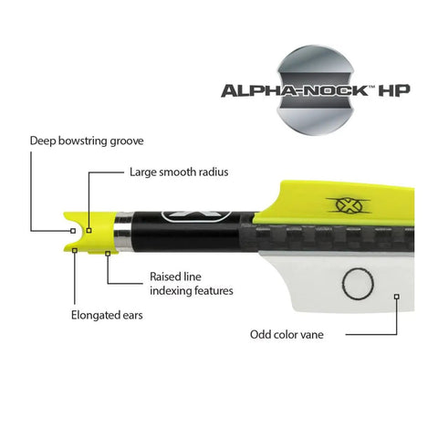 Close-up of Pro Elite 400 Grain 20 Inch Carbon Crossbow Arrows Alpha Brite Nock 3 Pack with detailed Alpha Nock groove