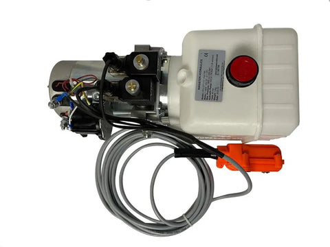Beefed Up 12 Volt DC Double Acting Dump Trailer Hydraulic Pump With Solenoid Power Unit 6 Quart Plastic Tank Remote Controller Electric Power Pack For Dump Trailers 2100 PSI