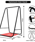 Weather Resistant Hammock Chair Stand With Hanging Swing Chair Included For Indoor Outdoor Use Space Saving Iron Triangle Frame Handles Up To 450 Lbs Easy Setup No Fuss Green Patented Swing Stand, side view showing dimensions and triangular structure.