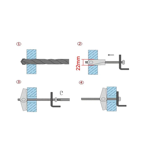 Badass Rock Solid Toggle Bolts 5/16 Inch X 3 Inch showing installation steps with drill and spring-loaded wings for drywall.